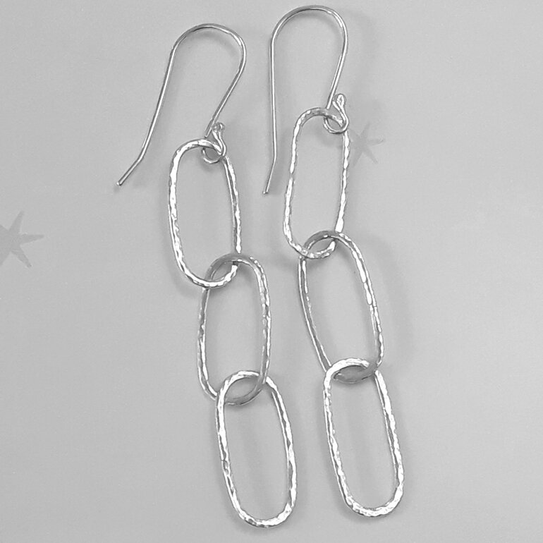handcrafted sterling silver earrings with 3 hammered texture paperclip links