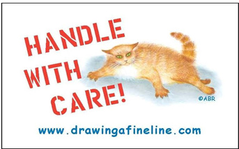 "Handle with care" sticker showing big ginger cat ready to react if annoyed
