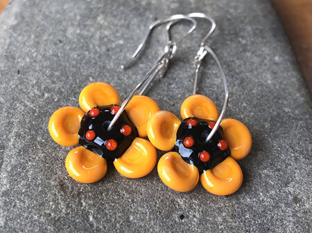 Handmade glass earrings - 3D flower - light orange