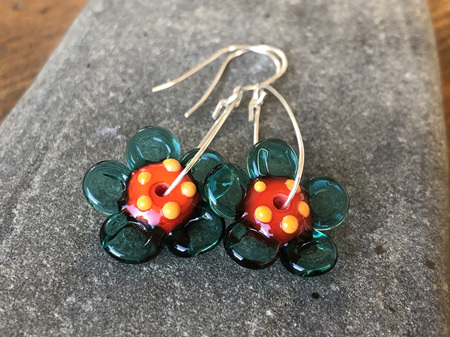 Handmade glass earrings - 3D flower - orange with teal petals