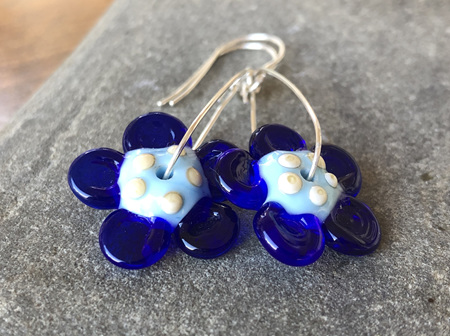 Handmade glass earrings - 3d flower - sky blue/cobalt (one off)