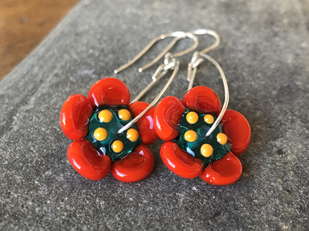 Handmade glass earrings - 3D flower - Teal with orange petals