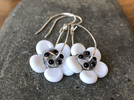 Handmade glass earrings - 3D flower - White