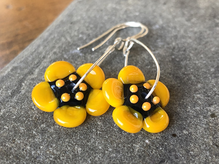 Handmade glass earrings - 3D flower - Yellow
