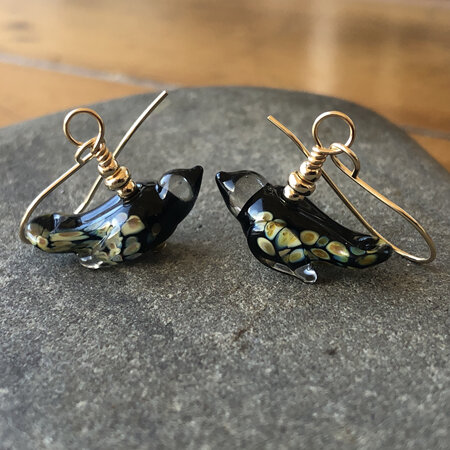 Handmade glass earrings - bird - small - black [Gold-filled]