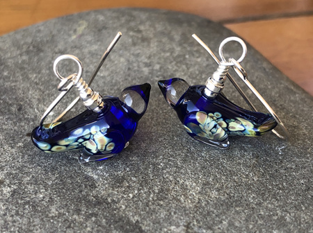 Handmade glass earrings - bird - small - cobalt