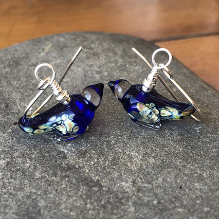 Handmade glass earrings - bird - small - cobalt