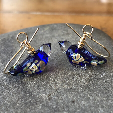 Handmade glass earrings - bird - small - cobalt [Gold filled]