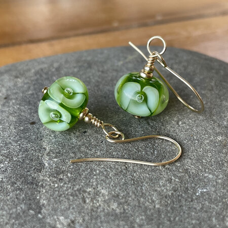 Handmade glass earrings - bubble flower - green [gold-filled]