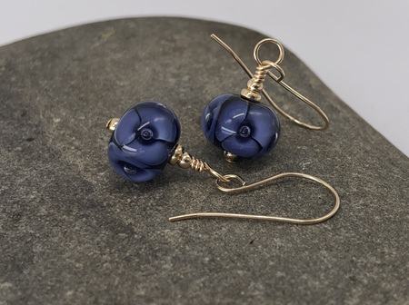 Handmade glass earrings - bubble flower - ink blue [Gold-filled]