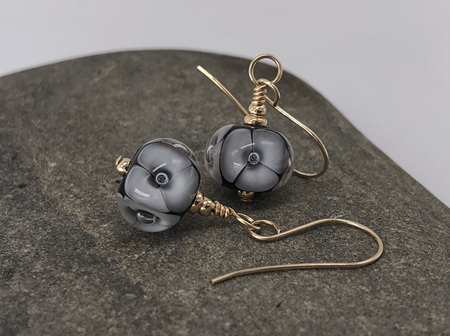 Handmade glass earrings - bubble flower - pale grey [Gold filled]