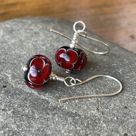 Handmade glass earrings - bubble flower - red