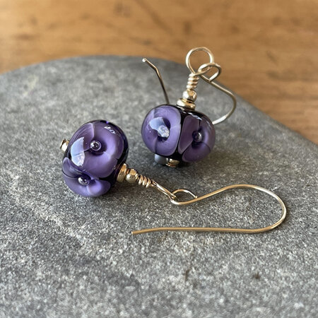 Handmade glass earrings - bubble flower - violet [Gold-filled]