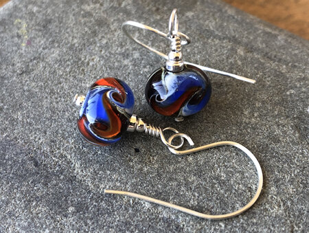 Handmade glass earrings - cosmic swirl - Blue/orange