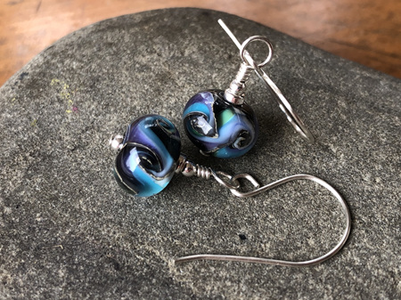 Handmade glass earrings - cosmic swirl - pale blue/purple