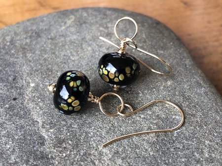 Handmade glass earrings - frit -  jitterbug on black [Gold Filled]