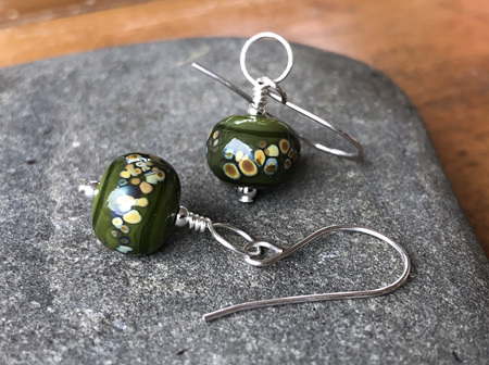 Handmade glass earrings - frit - jitterbug on cave green