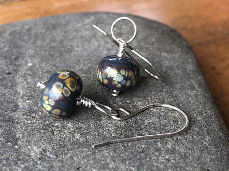 Handmade glass earrings - frit - jitterbug on dark matter