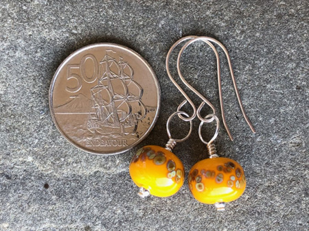 Handmade glass earrings - frit - jitterbug on yellow