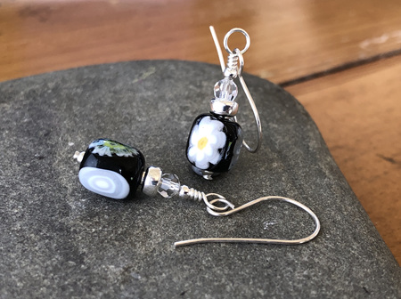 Handmade glass earrings - murrini - white on black [1]