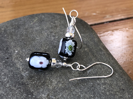 Handmade glass earrings - murrini - white on black [2]