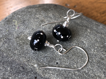 Handmade glass earrings - pure silver trails - black