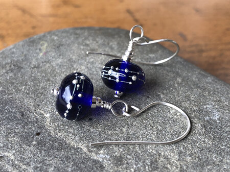 Handmade glass earrings - pure silver trails - cobalt