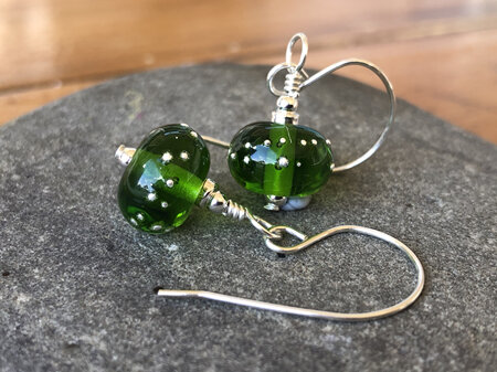 Handmade glass earrings - pure silver trails - green grass dark
