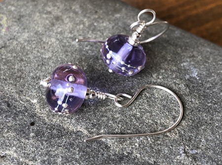 Handmade glass earrings - pure silver trails - lavender