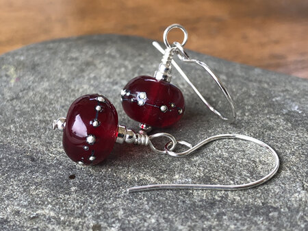Handmade glass earrings - pure silver trails - red