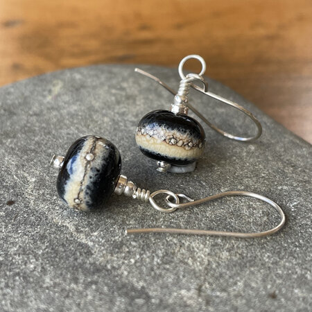 Handmade glass earrings - pure silver trails - sandstone on black