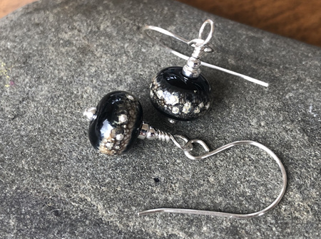 Handmade glass earrings - pure silver trails - sandstone on black
