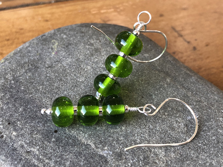 Handmade glass earrings - triple drop - green grass dark
