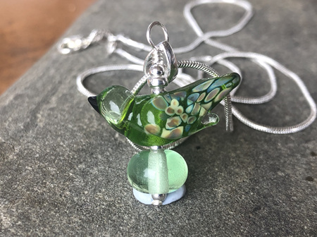 Handmade glass pendant - bird - green