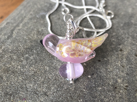 Handmade glass pendant - bird - pink