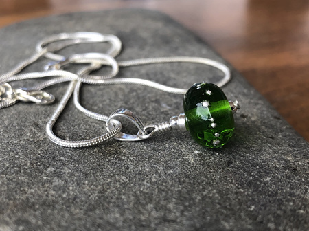 Handmade glass pendant - pure silver trails - green grass dark