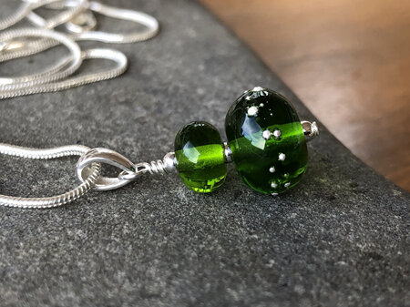 Handmade glass pendant - pure silver trails - green grass dark