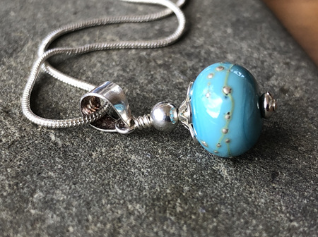 Handmade glass pendant - pure silver trails - light turquoise