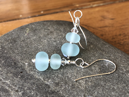 Handmade upcycled glass earrings - graduated drop - pale teal