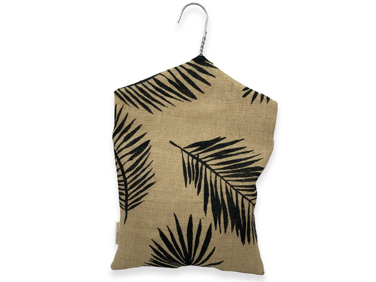 hanging peg bag hessian palm leaf print back view