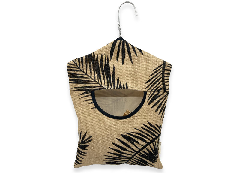 hanging peg bag hessian palm leaf print with calico lining