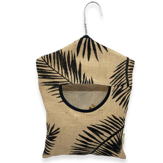 hanging peg bag hessian palm leaf print with calico lining