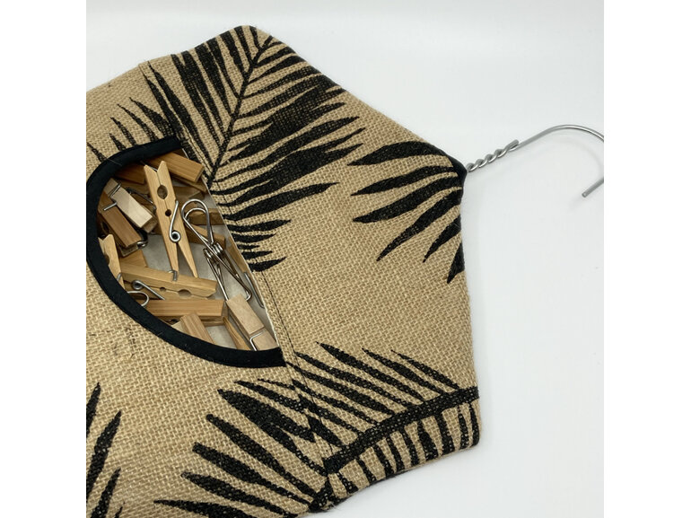 hanging peg bag hessian palm print shown with pegs