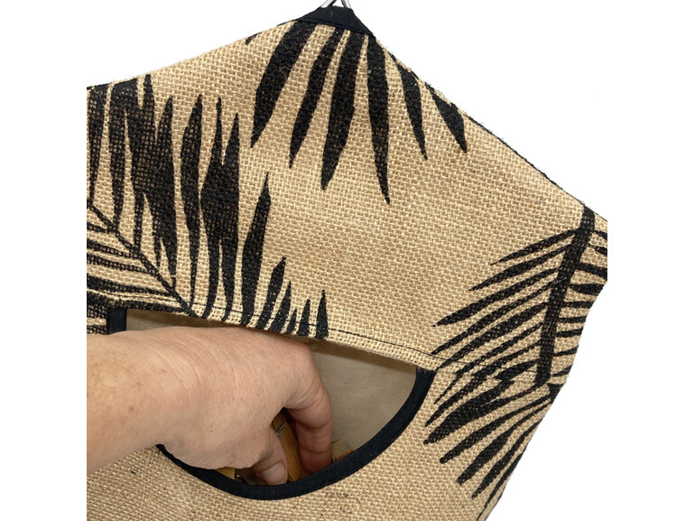 hanging peg bag hessian palm print with hand in opening