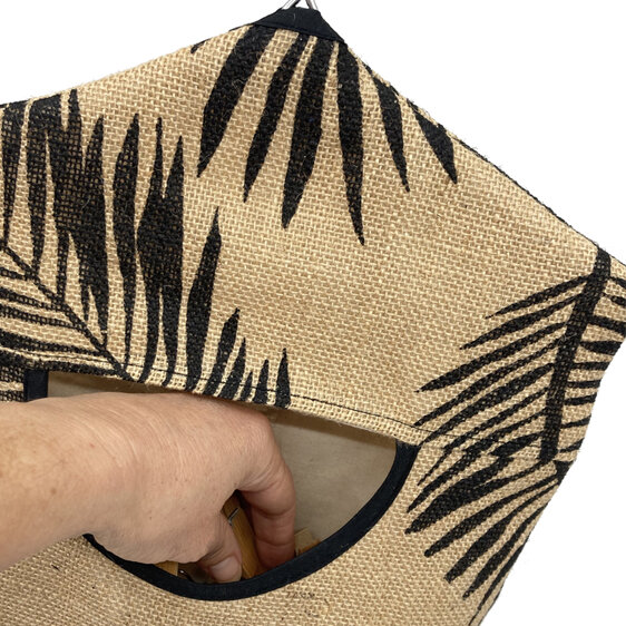 hanging peg bag hessian palm print with hand in opening