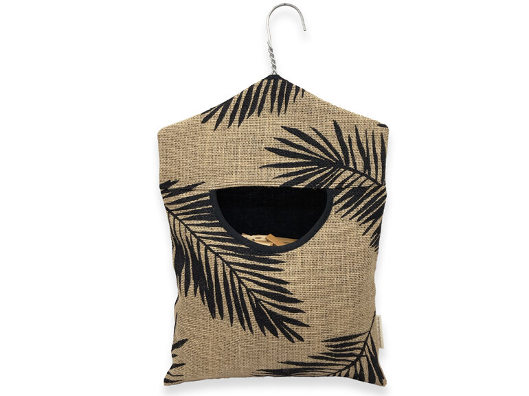 hanging peg pouch hessian palm leaf print front view