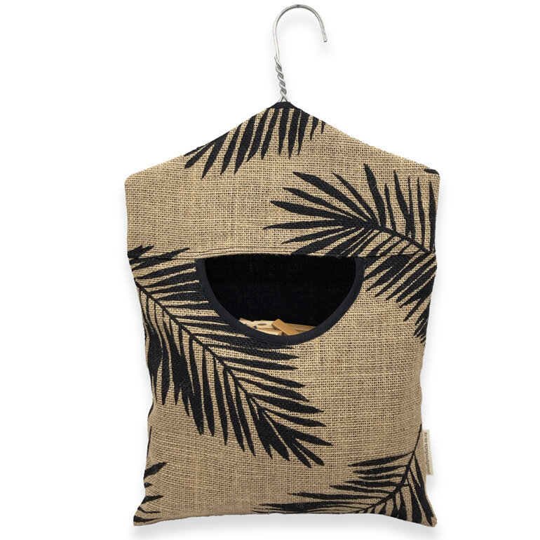 hanging peg pouch hessian palm leaf print front view
