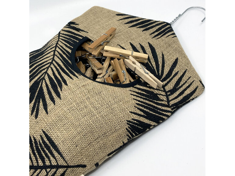 hanging peg pouch hessian palm leaf print shown with pegs