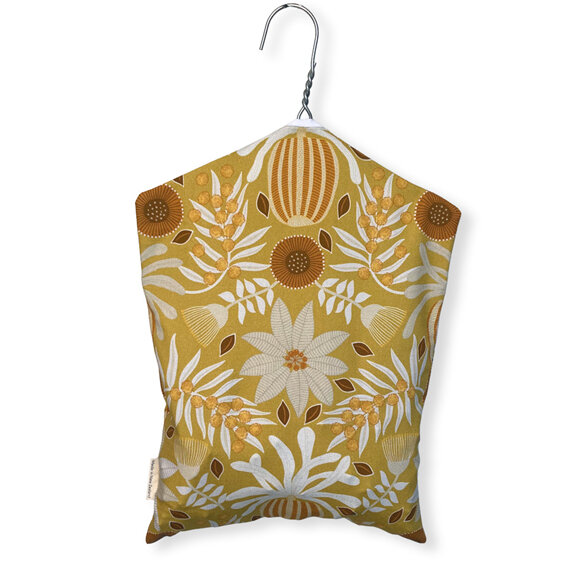 hanging peg pouch mustard flora design back view