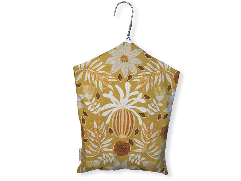 hanging peg pouch mustard flora design back view